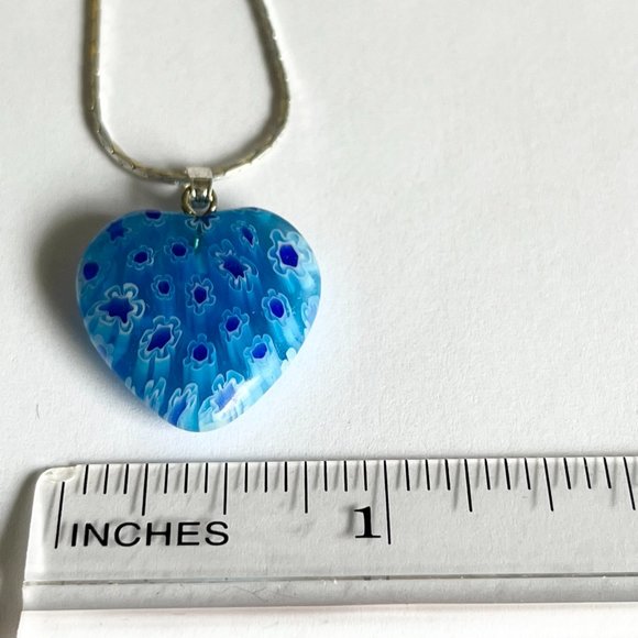 Aqua Blue Murano Art Glass Heart Necklace 18" Millefiori Flowers Silver Plated - Picture 8 of 9
